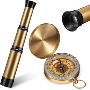 2 Pieces Pirate Spyglass Handheld Telescope with Survival Gear Compass Pocket Retro Spyglass Portable Collapsible Handheld Kids Telescope for Children Pirate Cosplay Party Favors Camping Boating
