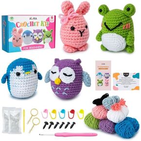 A-URA Learn to Crochet Kit for Beginners Kids and Adults, 4 Pattern Beginner Crochet Animal kit with Step-by-Step Video Tutorials, Crocheting Amigurumi Starter Knitting Kits: Yarns, Hook, Accessories