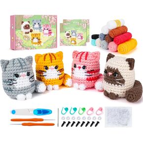 Crochet Kit for Beginners -4 PCS Cat Crochet Kit with Step-by-Step Video Tutorials, Learn to Crochet Kits for Adults and Kids, Beginner Crochet Kit for Adults, Crochet Cat Friends Set