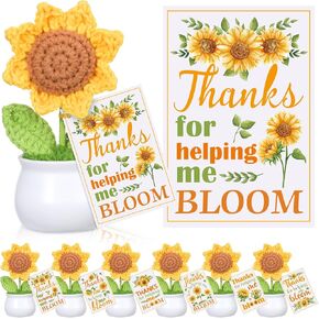 6 Sets Teacher Appreciation Gifts Include 6 Thanks for Helping Me Bloom Cards and Positive Crochet Sunflower Potted Sunflower Plant for Thank You Teachers End of Year Gift