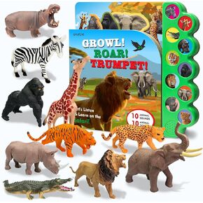 Safari Animals Figures Toys with Sound Books, 10PCS Realistic Jungle Animals Figures & Safari Animals Book with 10 Buttons, Zoo Animal Toys, Learning Toys for 3+ Year Old Boys, Girls, Kids
