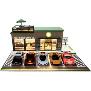 2025 Updated Model Car Display Case, Premium 1/64 Scale Diecast Parking Garage for Toy Cars, Toys Car Garage, Scenic Diorama Display Car Park with ith LED Lamps and 5 Outdoor Parking Space
