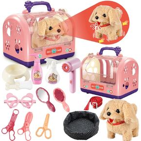STAY GENT Stuffed Dog Robot Toy for Kids, 16Pcs Interactive Pet Care Toys with Pet Cage & Walking Dog Toy with Leash, Electronic Dog Grooming Toys Pretend Play Gifts for Girls 3 4 5 6 Years Old