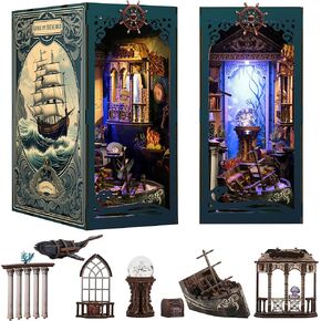 Book Nook, DIY Book Nook Kits for Adults, Ocean Adventure 3D Wooden Puzzle Bookend Bookshelf Insert Decor with LED Light, Book Nook Shelf DIY Miniature Dollhouse, Gifts for Book Lovers