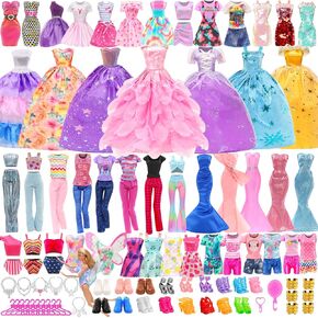 57 PCS Doll Clothes and Accessories 3 Wedding Gowns 3 Tops 3 Pants 3 Fashion Dresses 1 Evening Dresses 2 Swimsuits Bikini 6 Braces Skirt 10 Hangers 15 Shoes and 14 Accessories Toys for 11.5 inch Doll