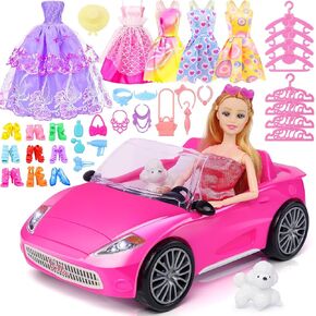 78 Pcs 11.5 Inch Doll Rose Convertible Toy Car Playset, Dress up Toys for Kids Including 11.5 in Girl Doll, Toy Car, 1 Fancy Dress, 3 Regular Dress, 1 Fashion Dress, 71 Doll Accessories