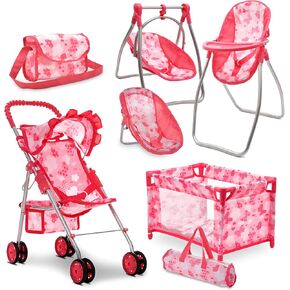 Baby Doll Stroller Bed and Swing Nursery Playset, Baby Doll Accessories Furniture Set Convertible High Chair Diaper Bag Role Play Deluxe Baby Doll Set