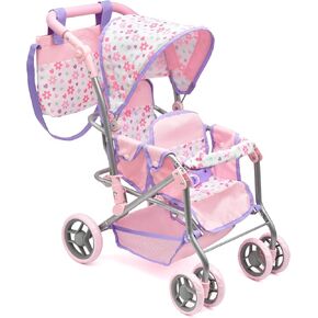 Baby Doll Double Stroller, Twin Buggy Carriage Pretend Play for Girls Kids Toddlers 27 Inches High Rotating Wheels Storage Basket Diaper Bag Pink
