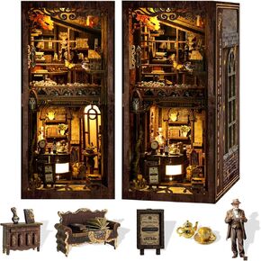 DIY Book Nook Kit Wooden Bookshelf Miniature Serenity Coffee House Kit 3D Wooden Puzzles Bookends Miniature House Kit Book Nook Bookshelf Insert Decor with LED Lights Wood Crafts for Adults