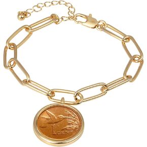American Coin Treasures Hummingbird One Cent Coin Elongated Link Bracelet | Goldtone Clip Style | 7 Inch 3 Inch Extender with Lobster Claw Clasp | Certificate of Authenticity