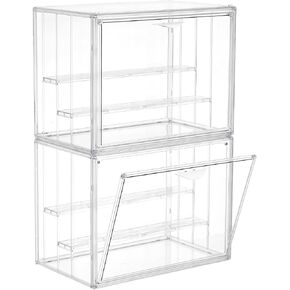 Acrylic Display Case for Collectibles 3 Layer Adjustable Figure Display Case with Magnetic Door Clear Stackable Display Box for Figures Showcase 2Pack