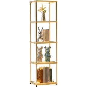 MANBUR Display Shelf with Dimmable LED Floor Lamp, Display Cabinet with Glass Bookcase, Home Decor, Bedroom Decor, Bookshelf with Light, Open Book Shelf with 5-Tier Shelf for Living Room Decor Gold