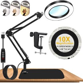 10X Magnifying Glass with Light and Stand, Dimmer Adjustable Swing Arm 2-in-1 Desk Lamp and Clamp, LED Lighted Desk Magnifier with Light for Craft Reading Repair Painting Close Work