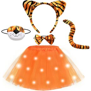 G.C Kids Light Up Tiger Costume Girls Tiger Ears Headband Nose Tail Bow Tie Tutu Skirt Accessories Animal Costumes Halloween Cosplay Birthday Gifts