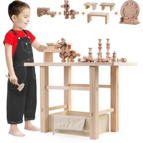 Bench Tool Tool Bench ، طاولة عمل الأطفال ، مجموعة عمل Toddler Tood Bench 5-in-1 ، مجموعة عمل خشبية 100 ٪ مع 4 مجموعات من Montessori Toys STEM هدية تعليمية للبنين والبنات المثالية للأعمار 3+