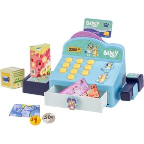 Bluey Cash Register. Press The Buttons to Hear Beeps, Sounds and Phrases from Bluey and Bingo |Use The Scanner to Scan Packages and Pretend to Run a Shop | Includes Toy Credit Card and Dollar Bucks!