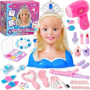Hair Styling Doll Head Makeup for Girls Toys Kids Practice Pretend Play Beauty Set with Hairdryer Curling Iron Crown Brushes Comb Accessories Birthday Gifts for Girls 3 4 5 6+ Years Old Christmas
