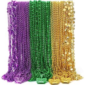 100pcs ملحقات Mardi Gras ، 11 نوعًا من Mardi Gras Beads Coins Mask Necklace ، و Mestallic Green Purple Gold Beads Parade Comphumes ، Festival Carnivials Party Party Party Supplies