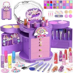 PERRYHOME Kids Makeup Set for Girls, 63 Pcs Real Washable Non-Toxic Cosmetic Toddler Make Up Kit, Unicorn Toys Princess Dress up Christmas & Birthday Gifts for Girl 3-12(Purple)
