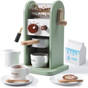 Dorjee Kids Coffee Maker Playset with Grinder, Play to learn Coffee Making Routine, Stimulates Imaginative Pretend Play and Life Skills, Gifts for Toddler Girls and Boys, 14pcs in Wood