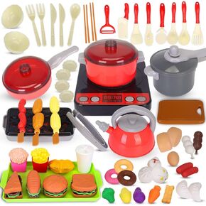 69pcs Play Kitchen Accessories Set,Kids Pots and Pans Playset,Play Food for Kids Kitchen Pretend Cooking Toys Set with Plastic Pressure Pots, Pans, Cooking Utensils for Toddlers Girls Boys Ages 4-8