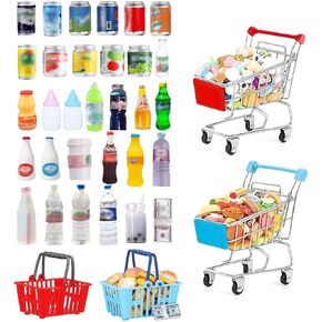 135Pcs Mini Shopping Cart Basket Miniature Food Drink Toy Supermarket Metal Handcart Dollar Bills Toys Dollhouse Store Grocery Accessories Kitchen Cosplay Play Game Party Model