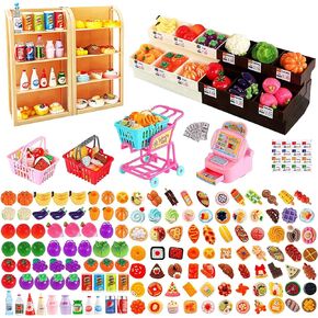 158 Pcs Miniature Dollhouse Grocery Set, Mini Toy Food Drink Vegetable Fruit Supermarket Shopping Cart Basket Cash Register, Dollhouse Furniture Party Model Shelves Play Game for Kids