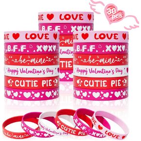 Valentine's Day Rubber Bracelets Bulk - 30PCS Valentines Day Gifts for Kids Valentines Party Favors Supplies Silicone Wristbands Goodie Bag Stuffers Treats Classroom Prizes Accessories Decorations