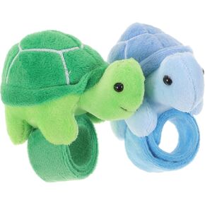 LOGOFUN 2Pcs Turtle Slap Bracelet Plush Turtle Stuffed Animal Hug Slap Bracelet Birthday Party Favor for Kids (Green + Blue)