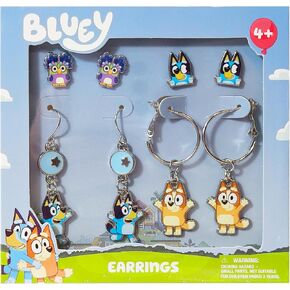 LUV HER Bluey Hypoallergenic Earrings for Girls Ages 4+ - Safe Stud & Fishhook Styles - Jewelry Gift for Sensitive Ears & Cartoon Lovers, Four Pairs