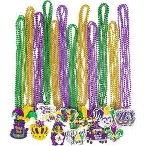 36PCS Mardi Gras Beads, 12 Kinds Metallic Pendant Mardi Gras Accessories, Mardi Gras Element Pendant Necklaces Bulks, Green Purple Gold Bead Necklace Carnivals Celebration Parade Throws Party Favor