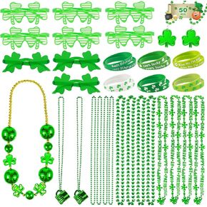 50 PCS St Patricks Day Decorations, St Patricks Day Accessories with 9 Green Shamrock Glasses, 27 Necklaces, 24 Bracelets, St Patricks Day Favors Set for Irish Party Decor Novelty Parades Supplies
