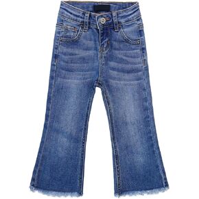 KIDSCOOL SPACE Baby Little Girls Flared Jeans, 18M-5T Raw Edge Hem Stretchy Denim Pants
