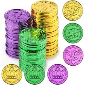 100PCS Mardi Gras Plastic Coins Set Assorted Purple Green Gold Coins for Mardi Gras Decorations Parade Party Favors for Kids St Patricks Day Crown Mask Theme Props Throws Supplies Bulk