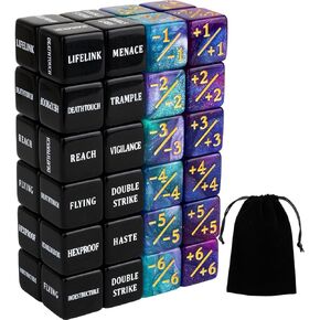 48 Pieces Keywords MTG Dice Counters Plus 1 Life Counter Dice Abilities Creature Stats Buff Tokens Dice Set for Magic The Gathering, MTG, TCG, Card Games Accessories