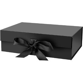 Gift Box with Lid for Presents 10.5x7.5x3.1 Inches with Ribbon and Magnetic Closure(1-Pack) (Black)