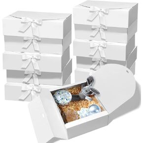 10 PCS Gift Boxes with Lids, 10.6x7.8x3.1 Inch Kraft Paper Gift Box, White with Ribbon, Bridesmaid Proposal Box for Wedding, Packaging, Present, Birthday, Cupcake