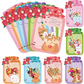 Valentines Day Cards for Kids - 60 Pack Mason Jar Valentines Day Cards with Treat Bag,Animal Valentine Exchange Cards for Boys Girls School Class Party Favors (Candy Not Included)