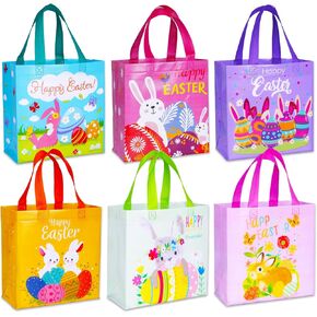 Happy Easter Egg Hunt Bags Bunny Carrot Chick Gift Bags with Handles, Treat Bags, Reusable Non-Woven Easter Bags for Gifts Wrapping, Party Supplies, Easter Basket Container, 9.1×8.7×4.5inch, 6-Piece