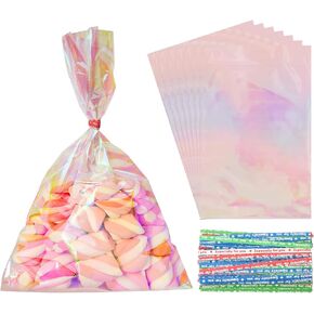 Ximalun 200Pcs Iridescent Cellophane Treat Bags,6x9 inch Holographic Goodie Bags with Ties Iridescent Cellophane Bags Clear Gift Bags Holographic Party Favors Bags for Candy Party Favors Small Gifts