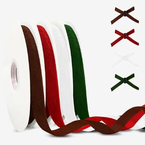 4 Colors Velvet Ribbon for Gift Wrapping, 3/8" x 40 Yard Red Green Brown White Ribbons, Single-Faced Vintage Velvet Ribbon for Valentine's Day Christmas Wedding Party Decoration, DIY Craft Projects