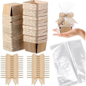 Kigley 24 Set Wooden Gift Baskets Empty Small Gift Basket with Cellophane Bags Bows Basket Kit for Easter DIY Picking Fruit Birthday Wedding Bow Party(4 Inch,Brown)