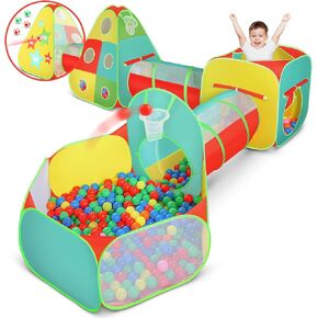 5pc Kids Play Tent for Toddlers with Ball Pit, Crawl Tunnel, Indoor & Outdoor Playhouse, Jungle Gym, Toys for Boys & Girls, Includes Dart Balls, Teepee & Basketball Hoops