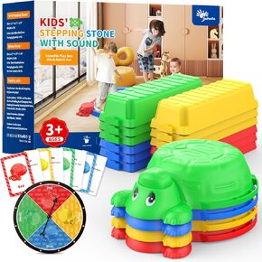 16 PCS Beal Beam and Stepping Stones for Kids - 4 Turtle Shape Stones و 12 حزمة قابلة للاتصال مع ميزة الصوت ، الدوار الملون ، بطاقات اللغز ، التدريب على التوازن بين التوازن والتوازن المرح ودورة العقبة