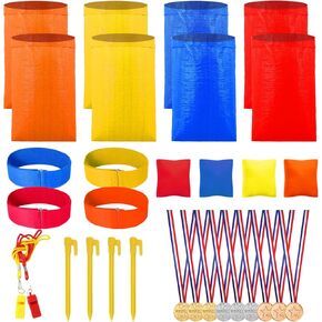 31pcs Potato Sack Race Bags Set, with 3-Legged Race Bands Bean Bags Medals Whistles, Tent Nails for Family Gatherings, Birthday Parties, School Outside Sports Games