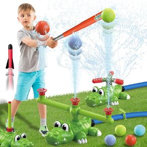 Water Sprinkler Baseball Toy for Kids, 4 in 1 Outdoor Water Spray T Ball Set with 2 Sprinkler Heads and Rocket, Attaches to Garden Hose, Summer 360° Roating Spray Toys for Boys Girls Ages 3+