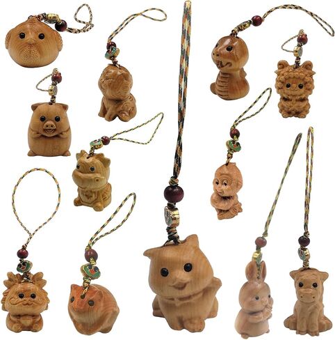 Small Animal Pendant Wrist Straps Lanyard Wooden Hand Carved Arborvitae Cute Mini Art Decorative Handmade with Storage Bag for Phone Bag Backpack Keychain Decor (12pcs Chinese Zodiacs) in Saudi Arabia