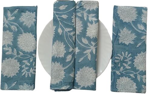 4 Pc Blue Flower Hand Block Print Napkin 100 percent Cotton Napkin Hand Block Printed Napkin Jaipuri Printed Home Decor Napkin in Saudi Arabia