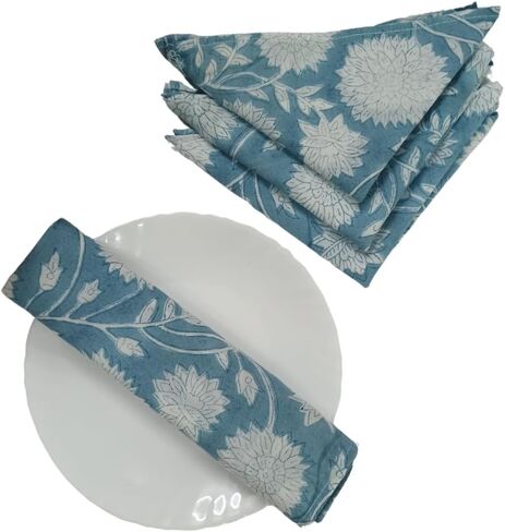 4 Pc Blue Flower Hand Block Print Napkin 100 percent Cotton Napkin Hand Block Printed Napkin Jaipuri Printed Home Decor Napkin in Saudi Arabia