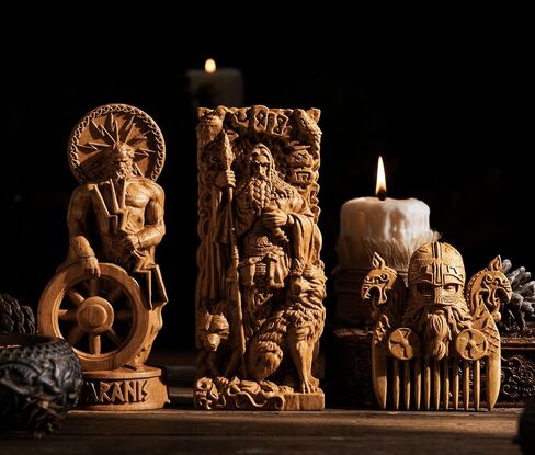 تمثال Odin ، Allfather ، آلهة الإسكندنافية ، مذبح نحت الخشب Asatru Viking God and Goddes Sculpture Wooden Pantheon (Wood) in Kuwait